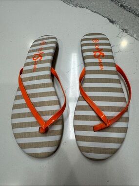 Yosi Samra Orange Strap Tan and White Striped Flip Flop Sandals Sz8